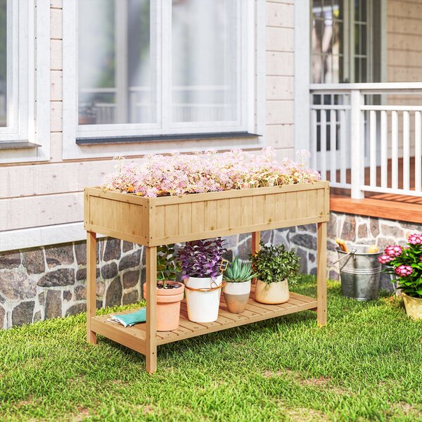Outsunny Garden Wooden Planters, Flower Box Raised, Rectangular 8 Compartment Plant Stand, Oak Tone Aosom UK