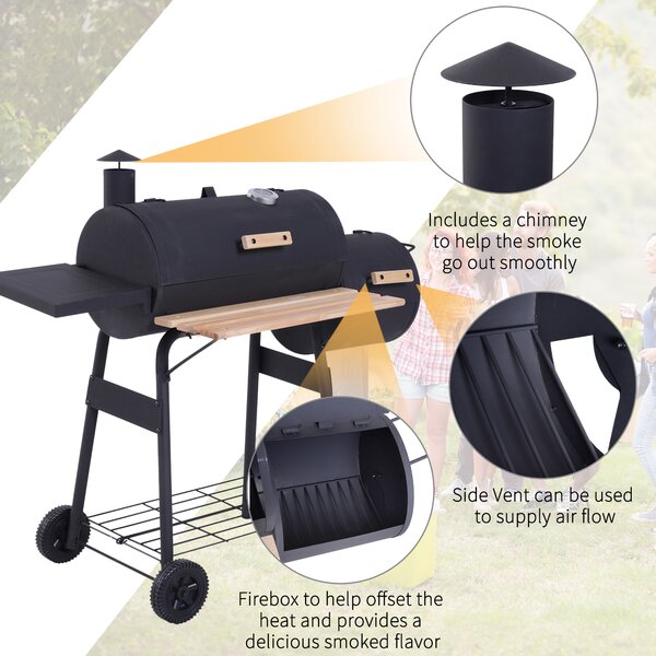 Outsunny Charcoal Barbecue Grill Garden Portable BBQ Trolley w/ Offset Smoker Combo, Handy Shelves and On-lid Thermometer Aosom UK