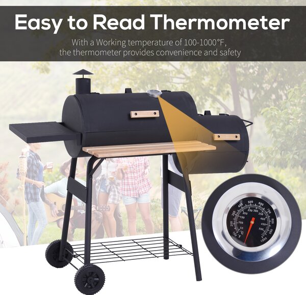 Outsunny Charcoal Barbecue Grill Garden Portable BBQ Trolley w/ Offset Smoker Combo, Handy Shelves and On-lid Thermometer Aosom UK