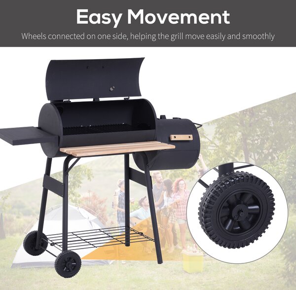 Outsunny Charcoal Barbecue Grill Garden Portable BBQ Trolley w/ Offset Smoker Combo, Handy Shelves and On-lid Thermometer Aosom UK