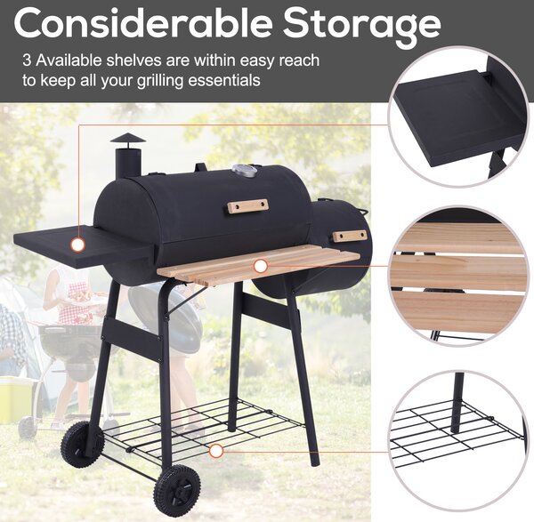 Outsunny Charcoal Barbecue Grill Garden Portable BBQ Trolley w/ Offset Smoker Combo, Handy Shelves and On-lid Thermometer Aosom UK