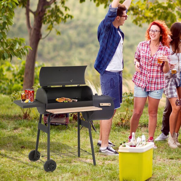 Outsunny Charcoal Barbecue Grill Garden Portable BBQ Trolley w/ Offset Smoker Combo, Handy Shelves and On-lid Thermometer Aosom UK