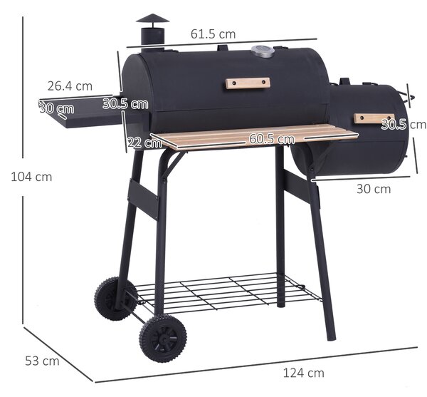 Outsunny Charcoal Barbecue Grill Garden Portable BBQ Trolley w/ Offset Smoker Combo, Handy Shelves and On-lid Thermometer Aosom UK
