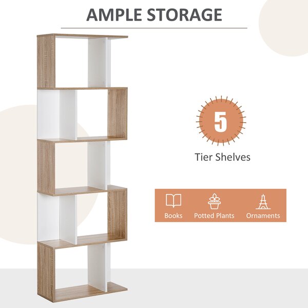 HOMCOM 5-tier Bookcase Storage Display Shelving S Shape design Unit Divider White Aosom UK