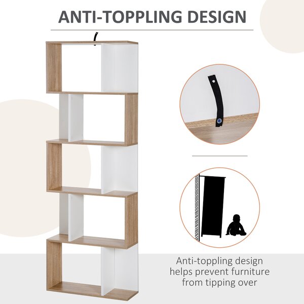 HOMCOM 5-tier Bookcase Storage Display Shelving S Shape design Unit Divider White Aosom UK