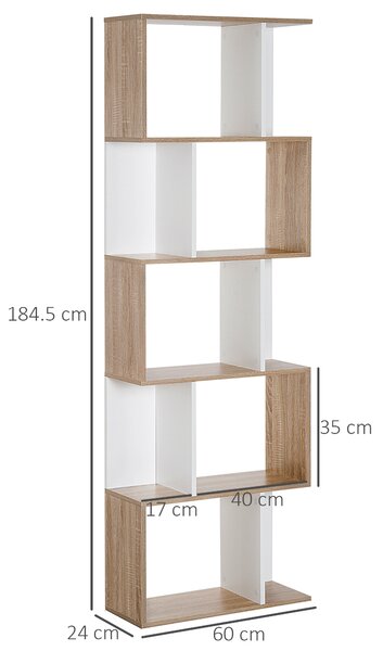 HOMCOM 5-tier Bookcase Storage Display Shelving S Shape design Unit Divider White Aosom UK