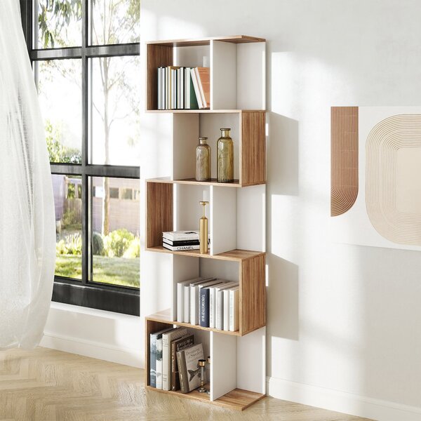 HOMCOM 5-tier Bookcase Storage Display Shelving S Shape design Unit Divider White Aosom UK