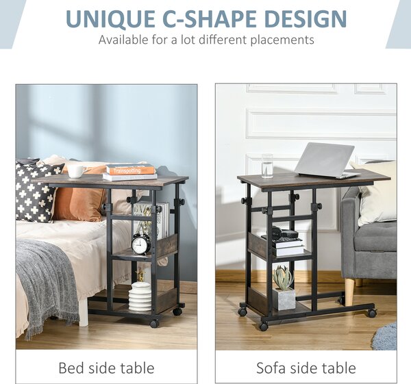 HOMCOM Industrial C-Shaped End Tables, Mobile Overbed Table with 3-Tier Storage, Adjustable Height, Wheels, Brown Aosom UK