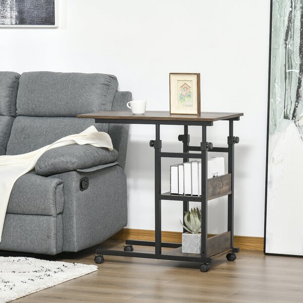 HOMCOM Industrial C-Shaped End Tables, Mobile Overbed Table with 3-Tier Storage, Adjustable Height, Wheels, Brown Aosom UK