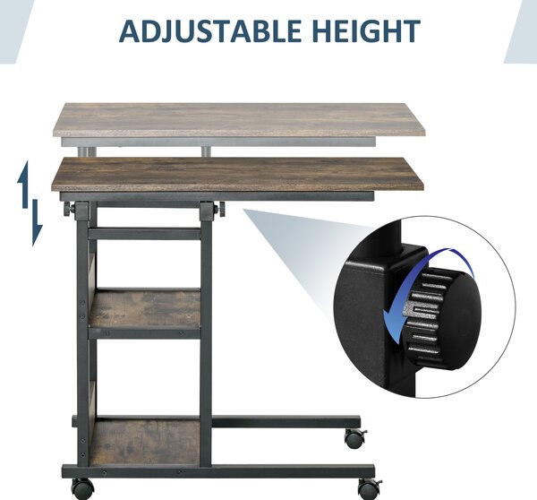 HOMCOM Industrial C-Shaped End Tables, Mobile Overbed Table with 3-Tier Storage, Adjustable Height, Wheels, Brown Aosom UK