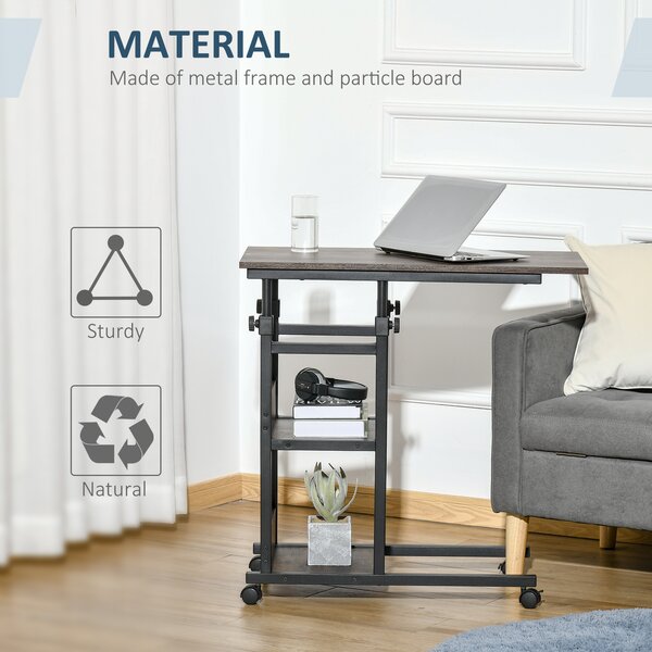 HOMCOM Industrial C-Shaped End Tables, Mobile Overbed Table with 3-Tier Storage, Adjustable Height, Wheels, Brown Aosom UK