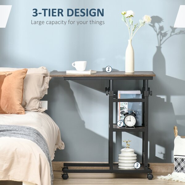 HOMCOM Industrial C-Shaped End Tables, Mobile Overbed Table with 3-Tier Storage, Adjustable Height, Wheels, Brown Aosom UK