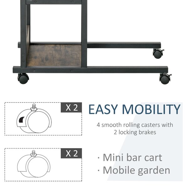 HOMCOM Industrial C-Shaped End Tables, Mobile Overbed Table with 3-Tier Storage, Adjustable Height, Wheels, Brown Aosom UK