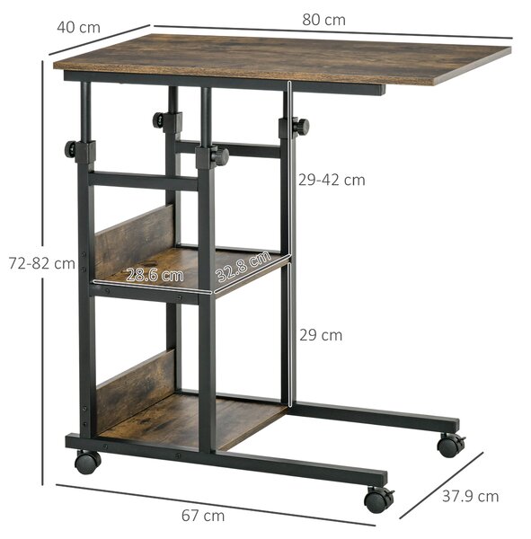 HOMCOM Industrial C-Shaped End Tables, Mobile Overbed Table with 3-Tier Storage, Adjustable Height, Wheels, Brown Aosom UK