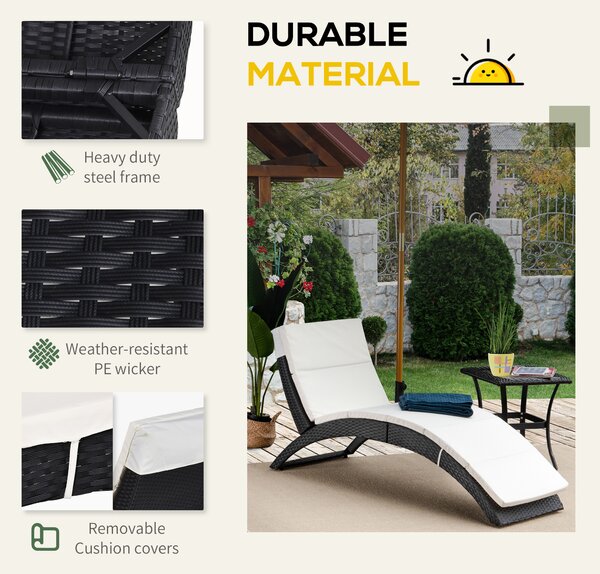 Outsunny Garden Patio Rattan Wicker Folding Sun Lounger Recliner Bed Chair with Cushion for Outdoor, Black
