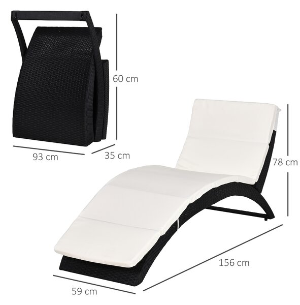 Outsunny Garden Patio Rattan Wicker Folding Sun Lounger Recliner Bed Chair with Cushion for Outdoor, Black