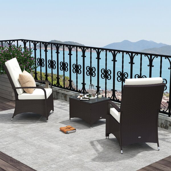 Outsunny 2-Seater Rattan Bistro Set Garden Furniture Sofa Chair Table Wicker Weave Outdoor Patio Conservatory Set w/ Cover Steel Frame, Brown