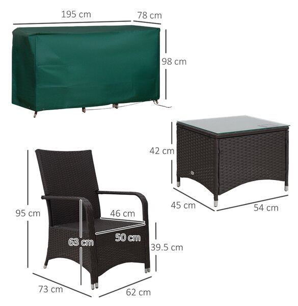 Outsunny 2-Seater Rattan Bistro Set Garden Furniture Sofa Chair Table Wicker Weave Outdoor Patio Conservatory Set w/ Cover Steel Frame, Brown
