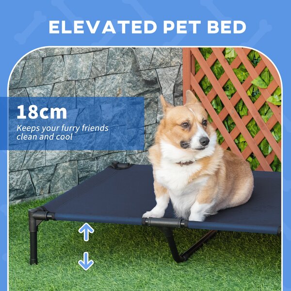 PawHut Raised Dog Bed Cat Elevated Lifted Portable Camping w/ Metal Frame for Large Dogs, Blue Aosom UK