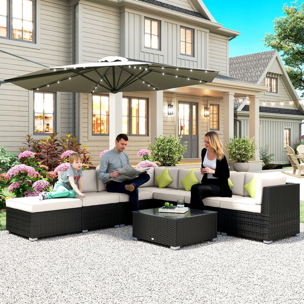 Outsunny 7-Seater Sofa Rattan Garden Furniture Aluminium Outdoor Patio Set Wicker Seater Table - Black Aosom UK