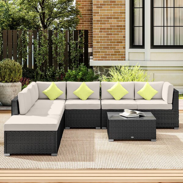 Outsunny 7-Seater Sofa Rattan Garden Furniture Aluminium Outdoor Patio Set Wicker Seater Table - Black Aosom UK