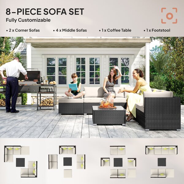 Outsunny 7-Seater Sofa Rattan Garden Furniture Aluminium Outdoor Patio Set Wicker Seater Table - Black Aosom UK