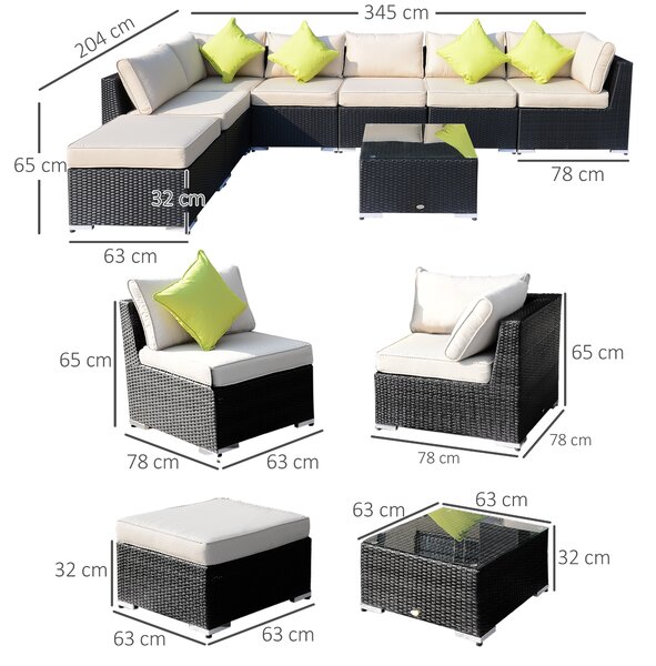 Outsunny 7-Seater Sofa Rattan Garden Furniture Aluminium Outdoor Patio Set Wicker Seater Table - Black Aosom UK