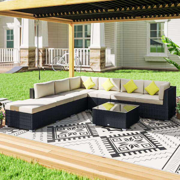 Outsunny 7-Seater Sofa Rattan Garden Furniture Aluminium Outdoor Patio Set Wicker Seater Table - Black Aosom UK