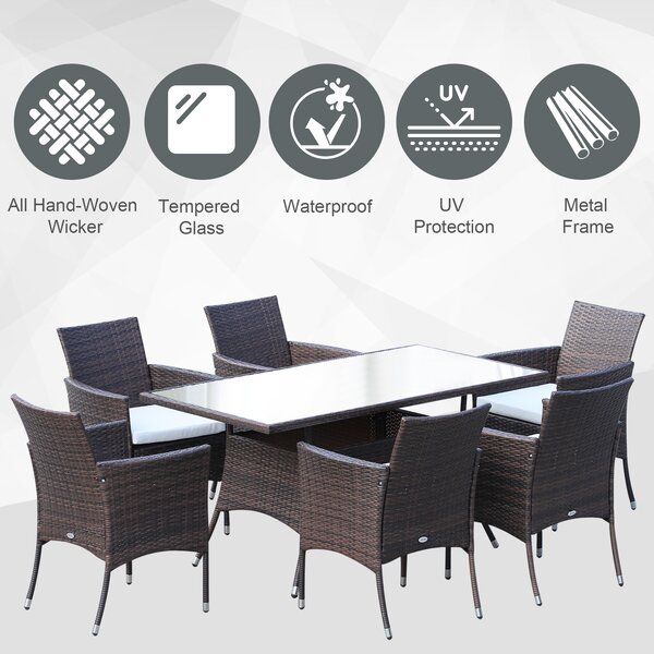 Outsunny 6-Seater Rattan Dining Set with Cube Chairs, Rectangular Table, Outdoor Patio Set with Cushions, Brown Aosom UK