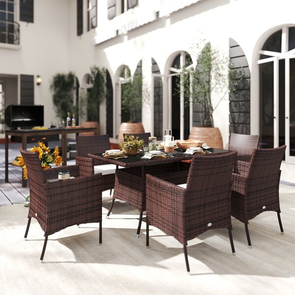Outsunny 6-Seater Rattan Dining Set with Cube Chairs, Rectangular Table, Outdoor Patio Set with Cushions, Brown Aosom UK