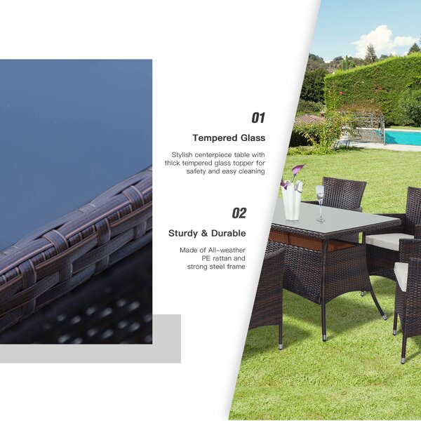 Outsunny 6-Seater Rattan Dining Set with Cube Chairs, Rectangular Table, Outdoor Patio Set with Cushions, Brown Aosom UK