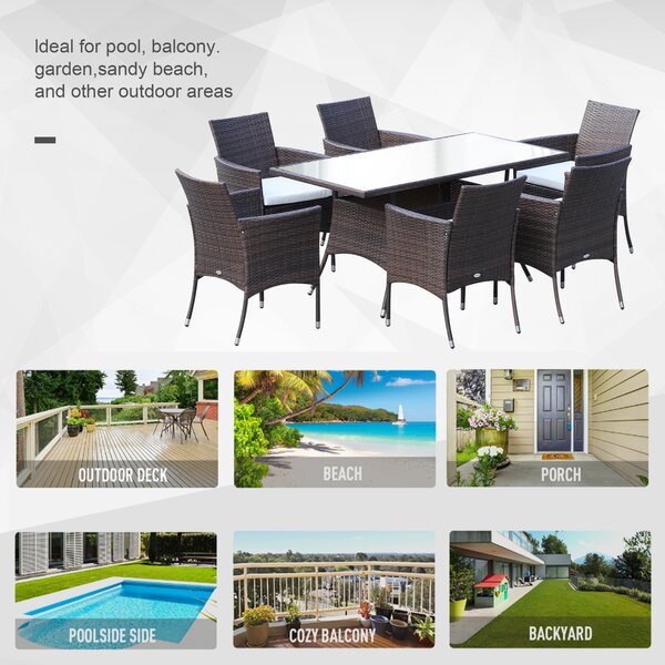 Outsunny 6-Seater Rattan Dining Set with Cube Chairs, Rectangular Table, Outdoor Patio Set with Cushions, Brown Aosom UK