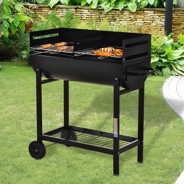 Outsunny Charcoal Barbecue Grill Garden BBQ Trolley w/ Dual Grill, Adjustable Grill Nets, Heat-resistant Steel, Wheels, Black Aosom UK
