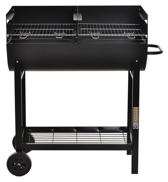 Outsunny Charcoal Barbecue Grill Garden BBQ Trolley w/ Dual Grill, Adjustable Grill Nets, Heat-resistant Steel, Wheels, Black Aosom UK