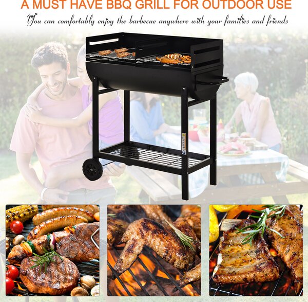 Outsunny Charcoal Barbecue Grill Garden BBQ Trolley w/ Dual Grill, Adjustable Grill Nets, Heat-resistant Steel, Wheels, Black Aosom UK