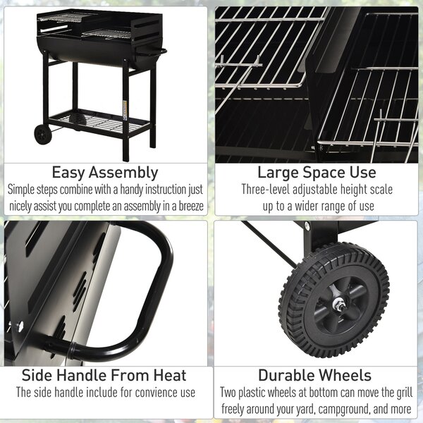 Outsunny Charcoal Barbecue Grill Garden BBQ Trolley w/ Dual Grill, Adjustable Grill Nets, Heat-resistant Steel, Wheels, Black Aosom UK