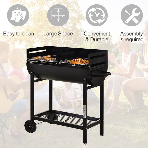 Outsunny Charcoal Barbecue Grill Garden BBQ Trolley w/ Dual Grill, Adjustable Grill Nets, Heat-resistant Steel, Wheels, Black Aosom UK