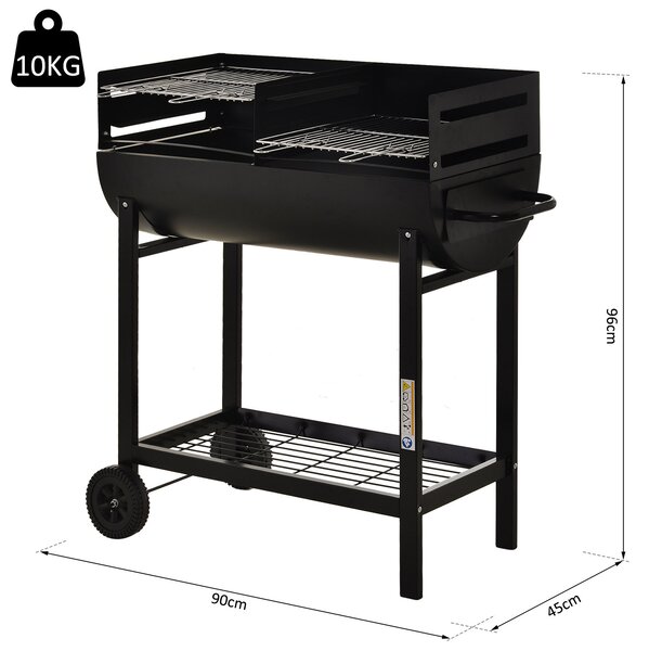 Outsunny Charcoal Barbecue Grill Garden BBQ Trolley w/ Dual Grill, Adjustable Grill Nets, Heat-resistant Steel, Wheels, Black Aosom UK