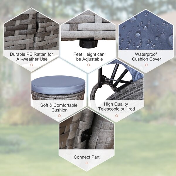 Outsunny 6-Seater Rattan Sofa Bed Garden Furniture Cushioned Wicker Round Sofa Bed with Coffee Table Patio Conversation Furniture Set - Grey