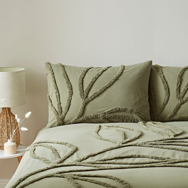 Tufted Leaf Olive 100% Organic Cotton Duvet Cover and Pillowcase Set