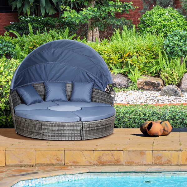Outsunny 6-Seater Rattan Sofa Bed Garden Furniture Cushioned Wicker Round Sofa Bed with Coffee Table Patio Conversation Furniture Set - Grey