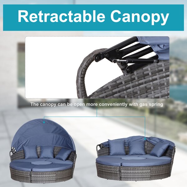 Outsunny 6-Seater Rattan Sofa Bed Garden Furniture Cushioned Wicker Round Sofa Bed with Coffee Table Patio Conversation Furniture Set - Grey