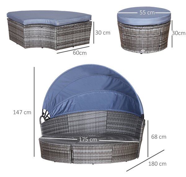 Outsunny 6-Seater Rattan Sofa Bed Garden Furniture Cushioned Wicker Round Sofa Bed with Coffee Table Patio Conversation Furniture Set - Grey