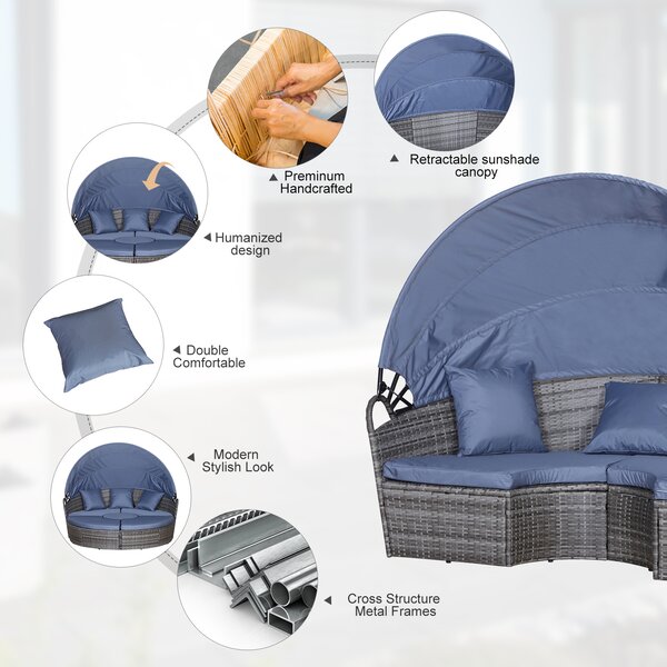 Outsunny 6-Seater Rattan Sofa Bed Garden Furniture Cushioned Wicker Round Sofa Bed with Coffee Table Patio Conversation Furniture Set - Grey