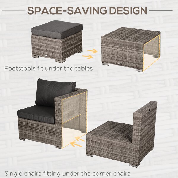 Outsunny 6-Seater Rattan Garden Furniture 6 Seater Sofa & Coffee Table Set Outdoor Patio Furniture Wicker Weave Chair Space-saving Compact, Grey