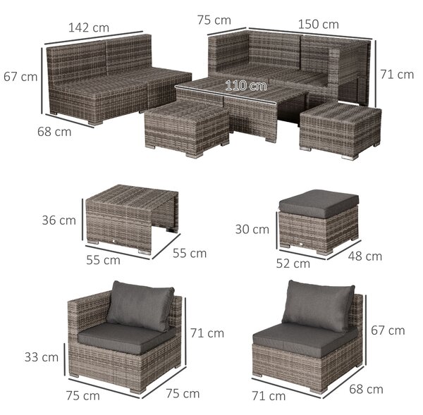 Outsunny 6-Seater Rattan Garden Furniture 6 Seater Sofa & Coffee Table Set Outdoor Patio Furniture Wicker Weave Chair Space-saving Compact, Grey