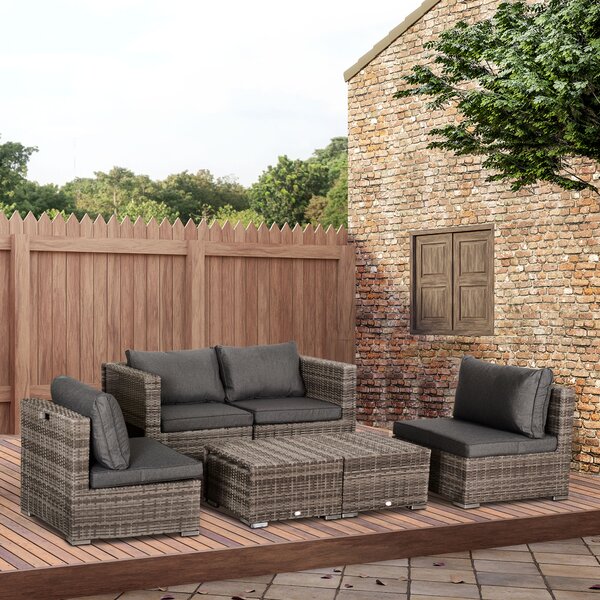 Outsunny 6-Seater Rattan Garden Furniture 6 Seater Sofa & Coffee Table Set Outdoor Patio Furniture Wicker Weave Chair Space-saving Compact, Grey