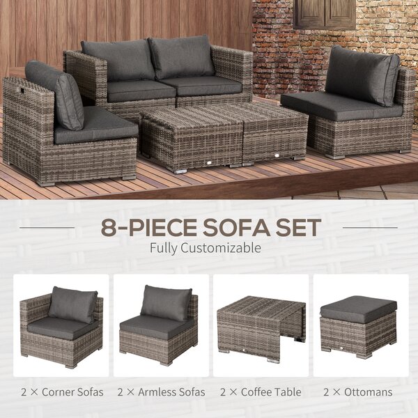 Outsunny 6-Seater Rattan Garden Furniture 6 Seater Sofa & Coffee Table Set Outdoor Patio Furniture Wicker Weave Chair Space-saving Compact, Grey