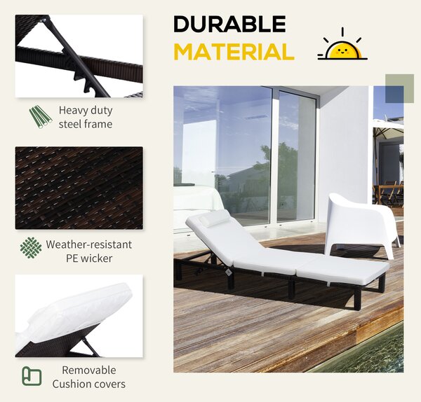 Outsunny Garden Outdoor Rattan Furniture Patio Sun Lounger Recliner Reclining Chair Bed Fire Resistant Sponge, Cream White Aosom UK