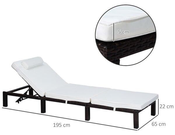 Outsunny Garden Outdoor Rattan Furniture Patio Sun Lounger Recliner Reclining Chair Bed Fire Resistant Sponge, Cream White Aosom UK